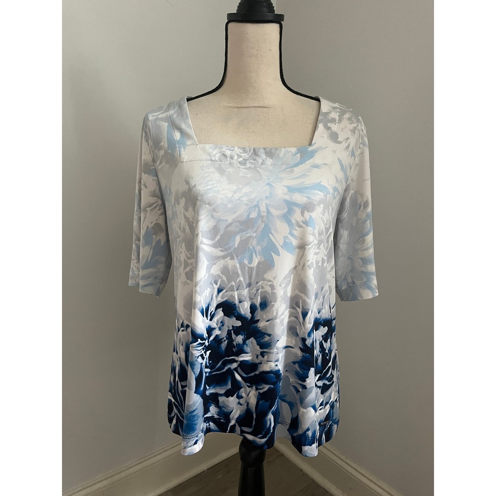 Calvin Klein Blue Floral Square Neck Top Large Elbow Sleeve Watercolor Bloomcore
